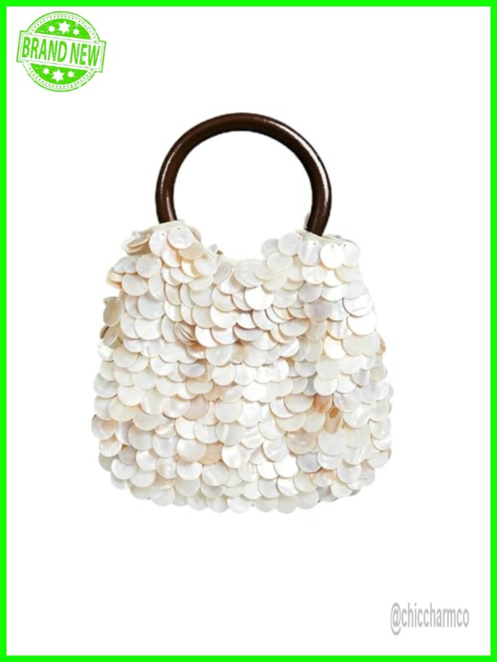 Handmade Shell Clutch Handbag Natural Seashell Purse Wooden Handle Beach Bag